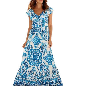 NWOT Alexia Admor Blue/White Tile Print Gathered Maxi Dress